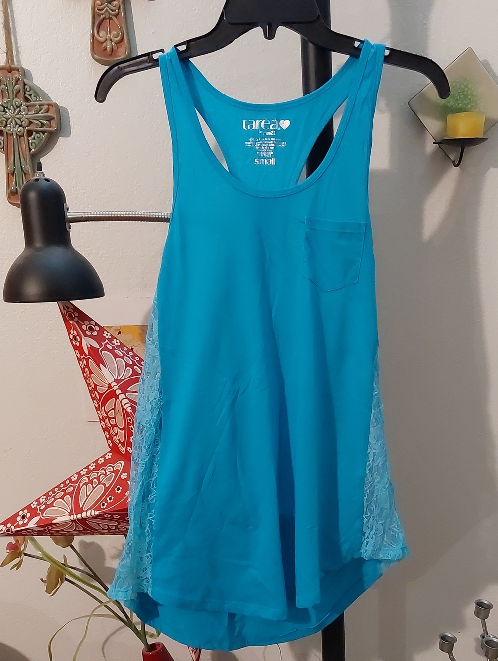 Oversized Racerback Tank Top With Lace Cutouts